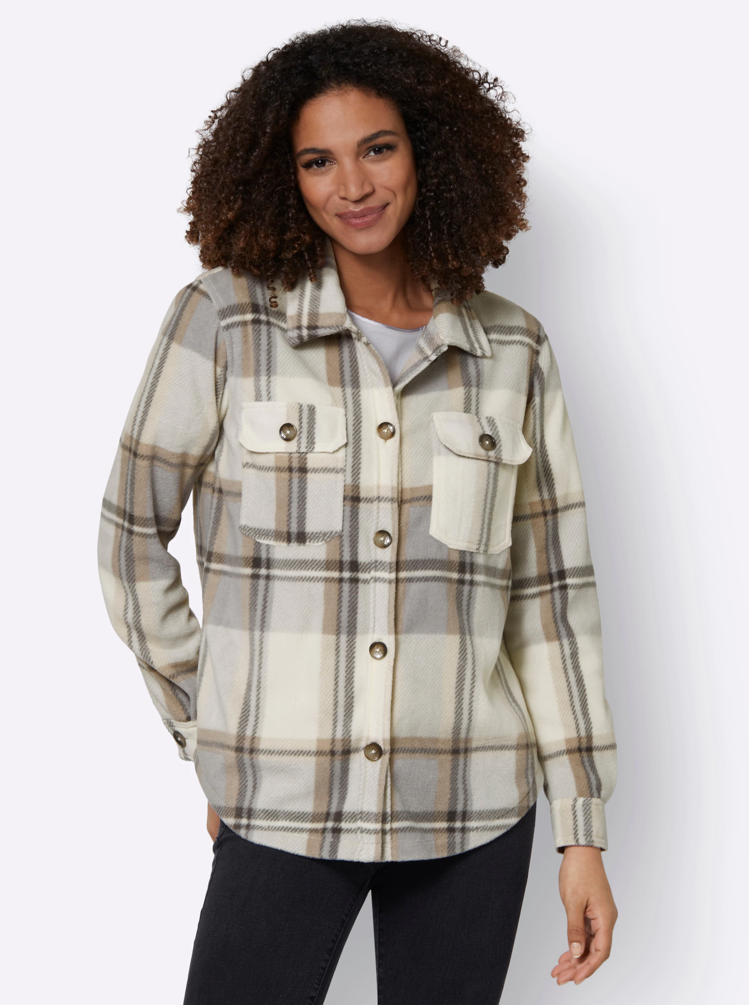 Fleecejacke in champagner-steingrau-kariert