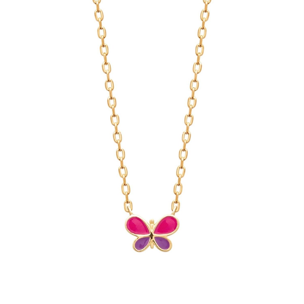 Collier papillon émail coloré rose et violet Plaqué OR 750 3 microns