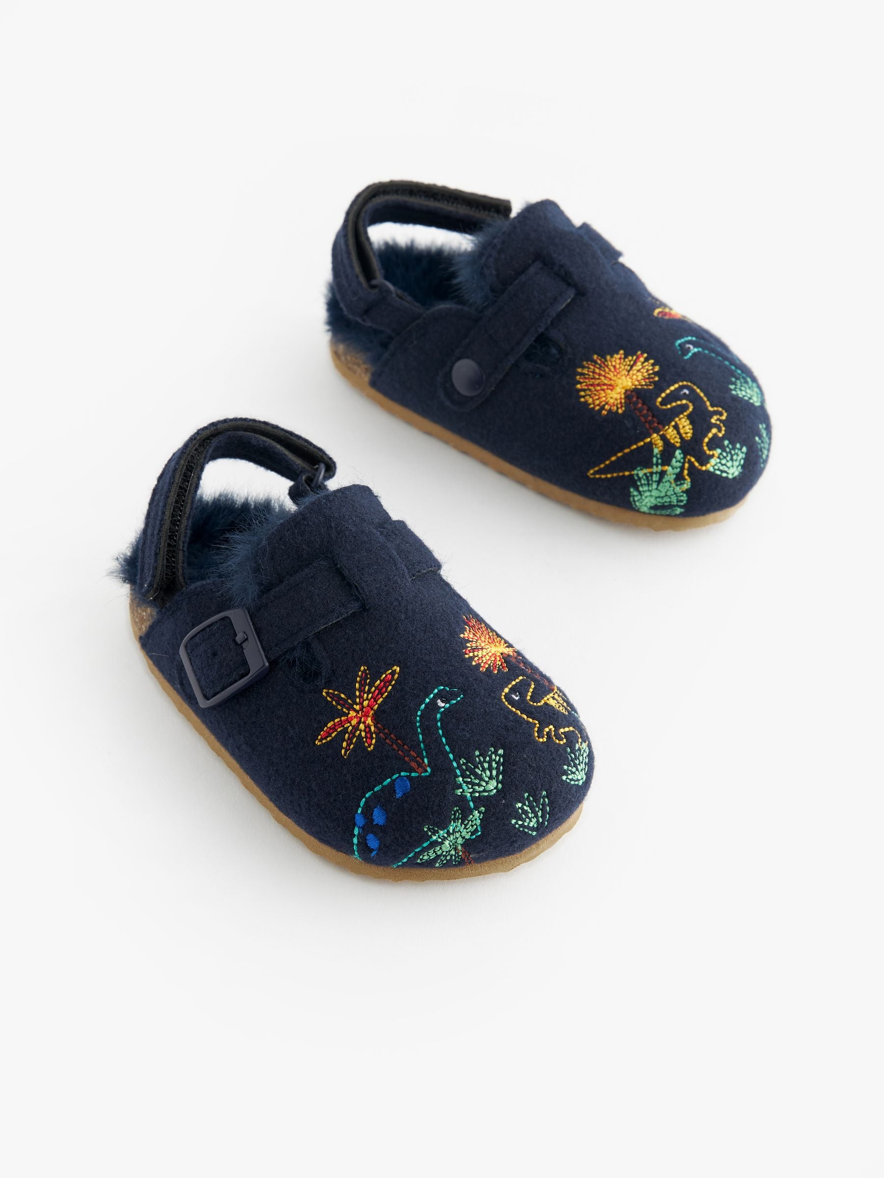 Marineblauw met dinosaurussen - Pantoffelklompen met voering van imitatiebont