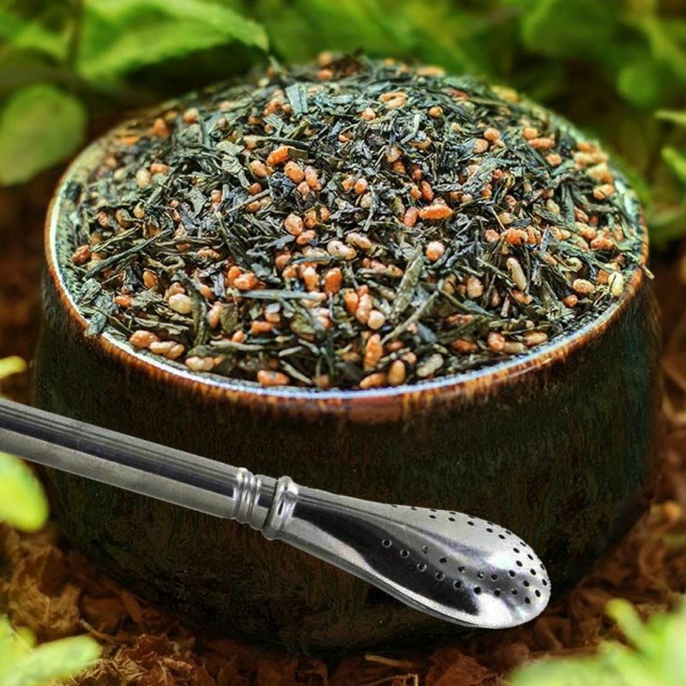 Thé vert bio et riz complet genmaicha 100 g + paille inox avec filtre