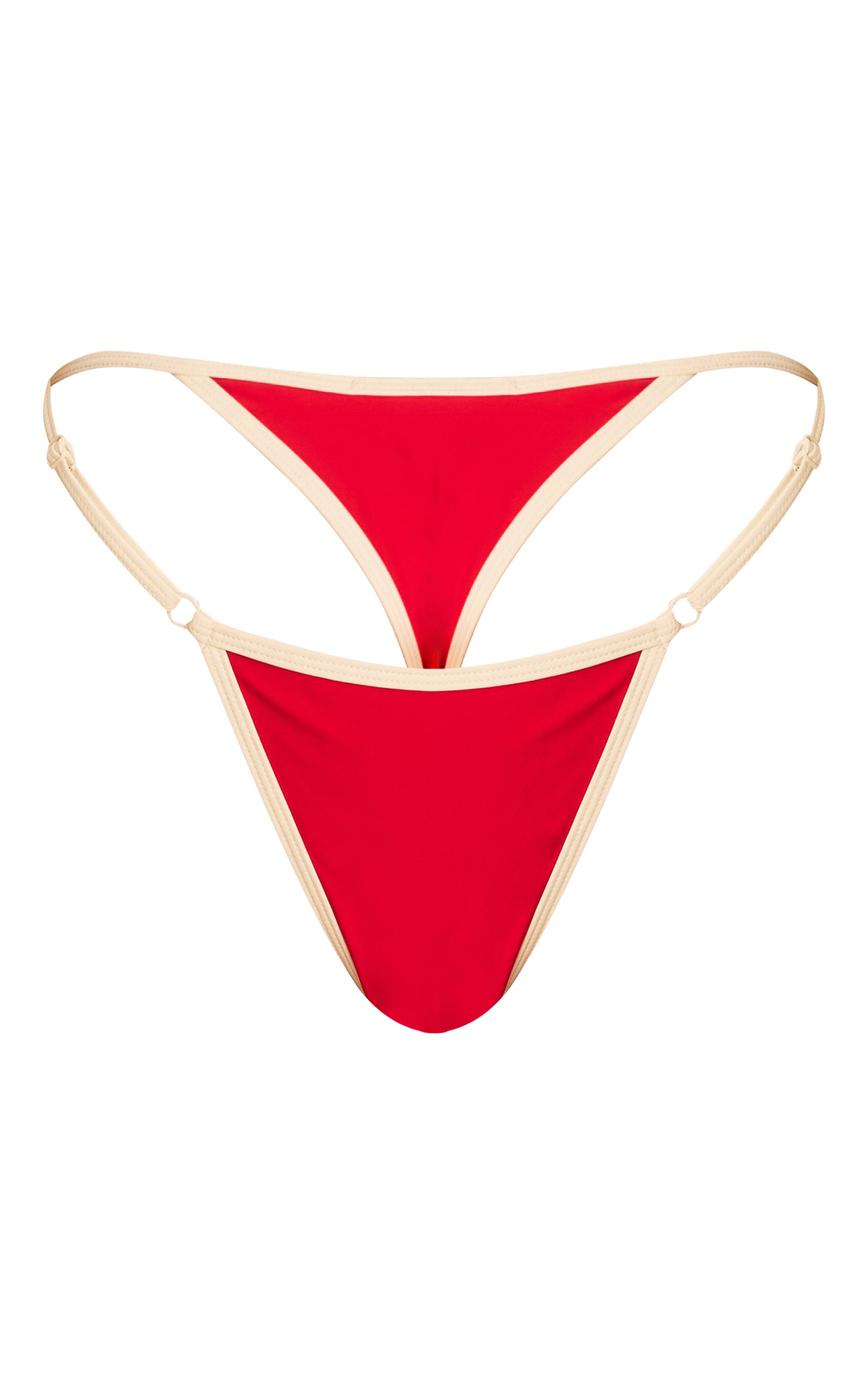 Rouge Bas De Bikini Tanga À Liens Imprimé Léopard Avec Bordure Contrastante
