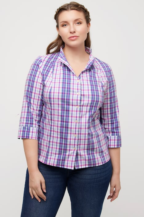Bluse, Karo, Slim, Kelchkragen, V-Ausschnitt, 3/4-Arm