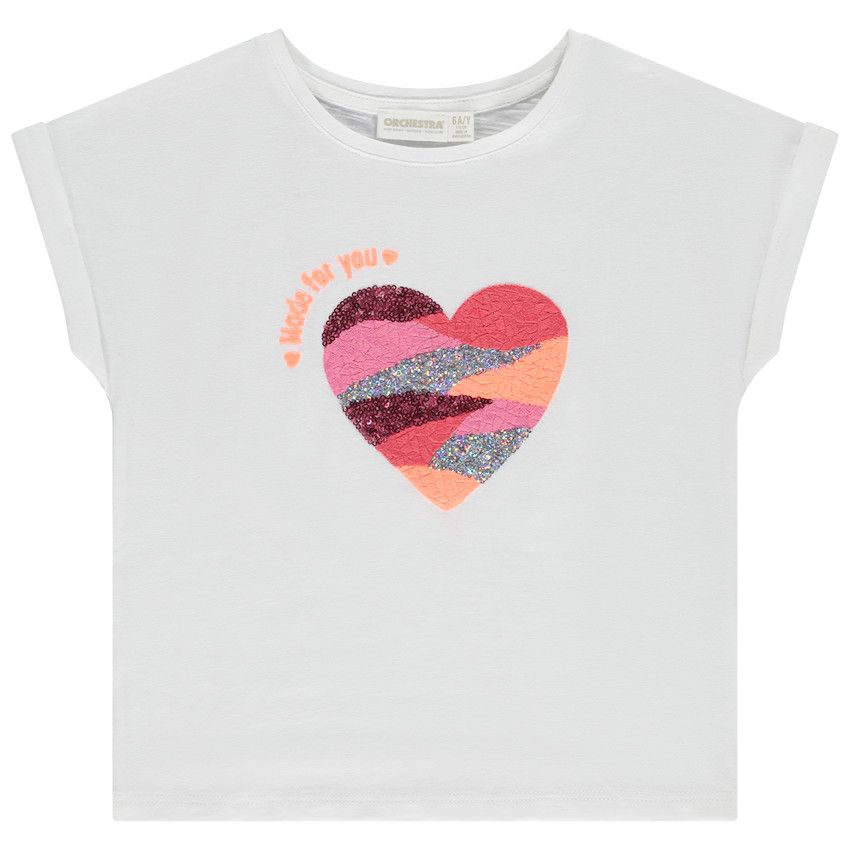 T-shirt manches courtes motif cœur brodé et brillant pour fille - Blanc
