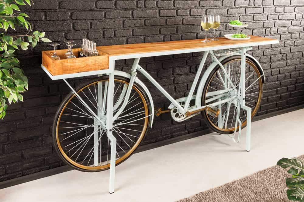 Retro Konsolentisch BICYCLE 190cm salbei natur Mangoholz Fahrrad Bartisch Upcycling
