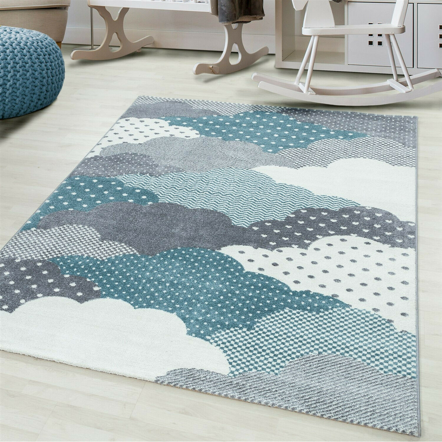 Wunderschöne Kinderteppich rechteckig/ Rund, Höhe 7 mm, Wolken Motiv, Kurzflor