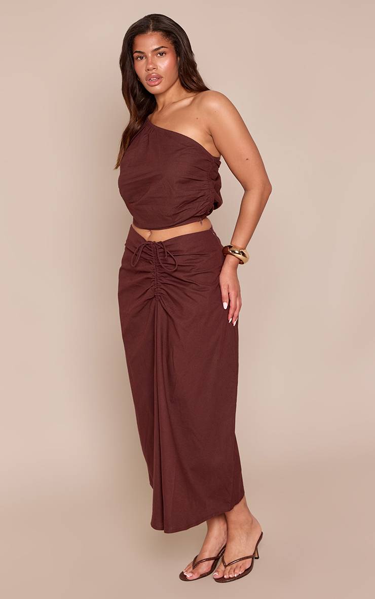 Chocolat Jupe Midi Co-ord Aspect Lin Taille Froncée Sculptante