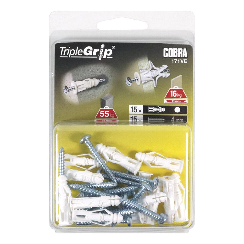 GIPSPLUGG COBRA TRIPLEGRIP 4MM + SKRUER 15STK