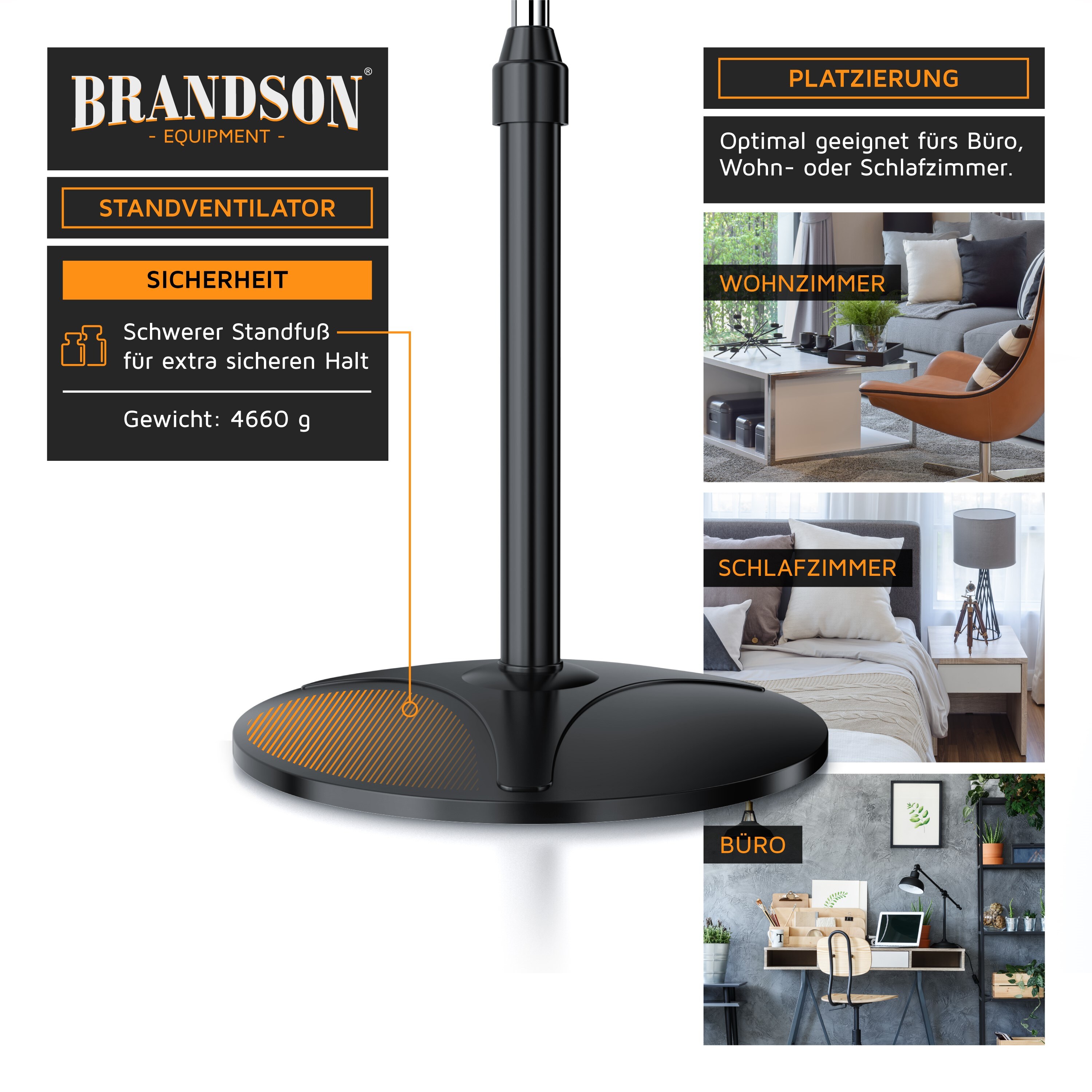 Brandson Standventilator mit Fernbedienung 50W, leise, Ventilator höhenverstellbar, 30° neigbar , 3 Geschwindigkeitsstufen, Oszillation ca. 90°