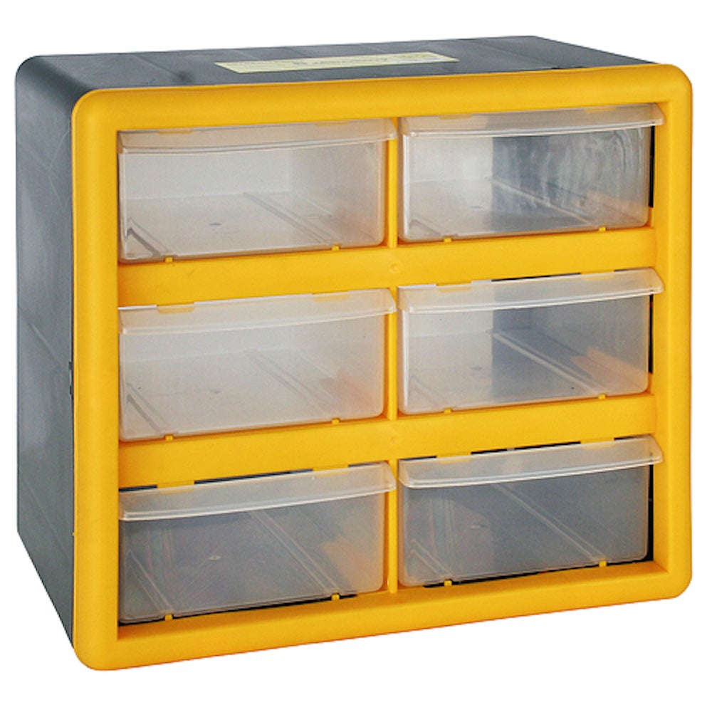 PROREGAL Cosimo opbergkast voor kleine onderdelen met 6 laden, grijs/geel, HxBxD 23,5 x 26,5 x 16 cm, plank voor kleine onderdelen, assortimentsdozen, plank voor assortimentskisten