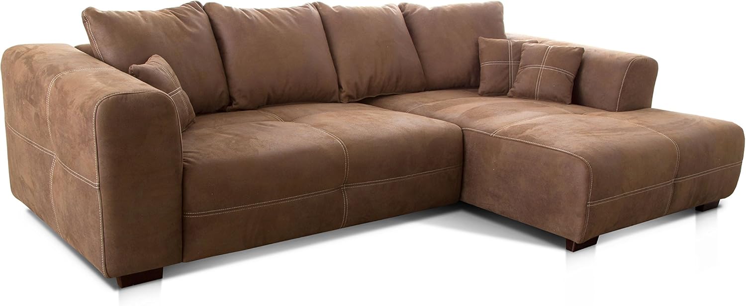 Cavadore Ecksofa Mavericco / XXL Eckcouch Inkl. Rückenkissen und Zierkissen / Longchair rechts / Industrial Style / 285 x 69 x 170 (BxHxT) / Mikrofaser Hellbraun