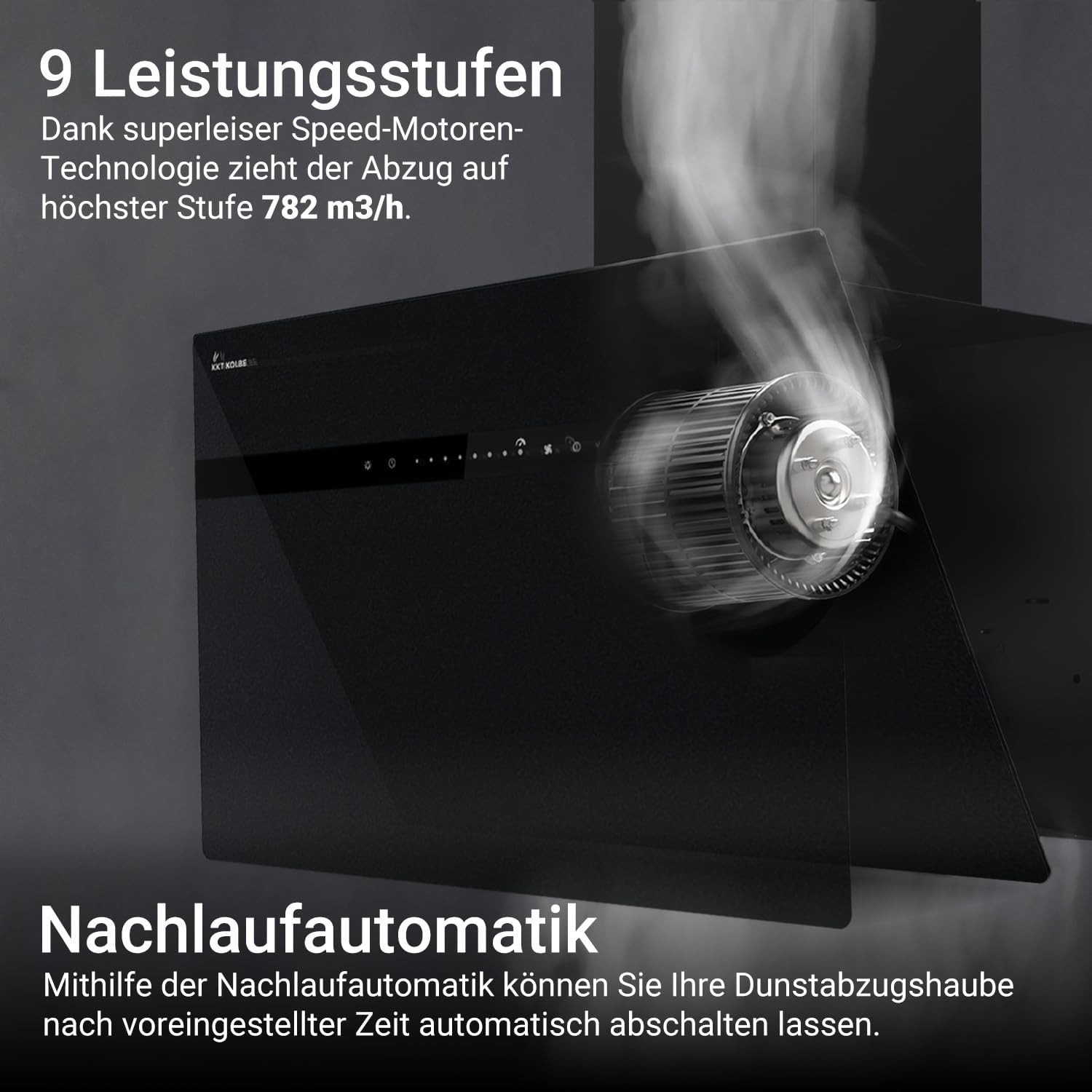 KKT KOLBE A+++ Dunstabzugshaube 90 cm 782 cbm/h Kopffreie Wandhaube Edelstahl schwarzes Glas WLAN RGBW-LED-Beleuchtung SensorTouch Bedienung STYLE9005SMAO