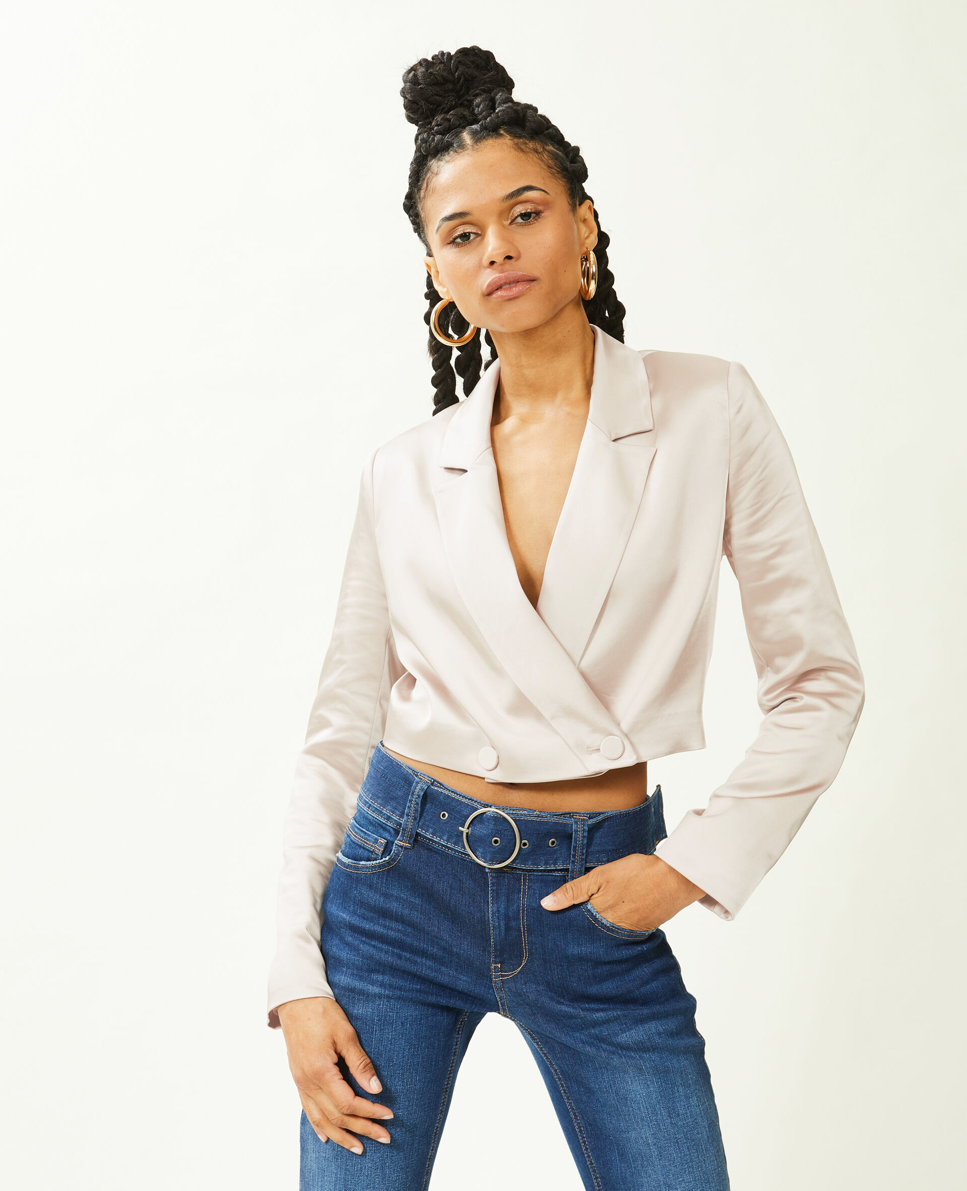 Veste blazer courte en satin - Écru