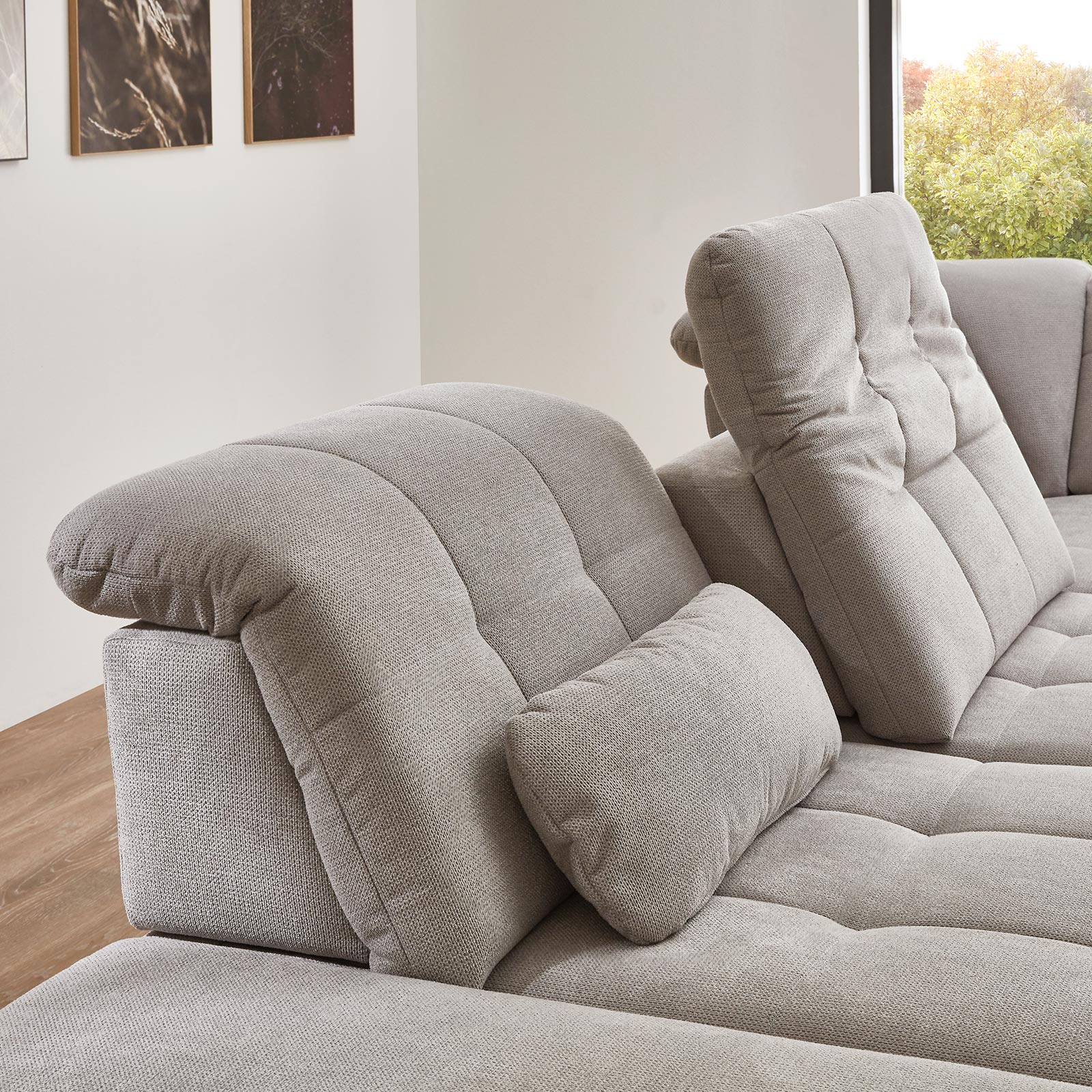 polsterpower Ecksofa - silber - mit Funktionen - Anstellhocker links