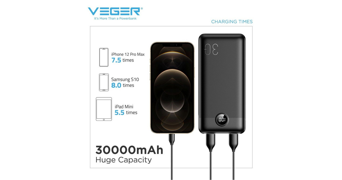 VEGERL30 powerbank 30.000 mAh  (Zwart)
