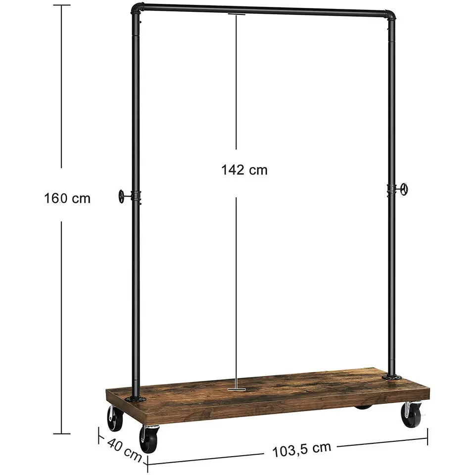 Mobiel kledingrek - rustiek heavy-duty - 1 rail - industrieel design - bruin