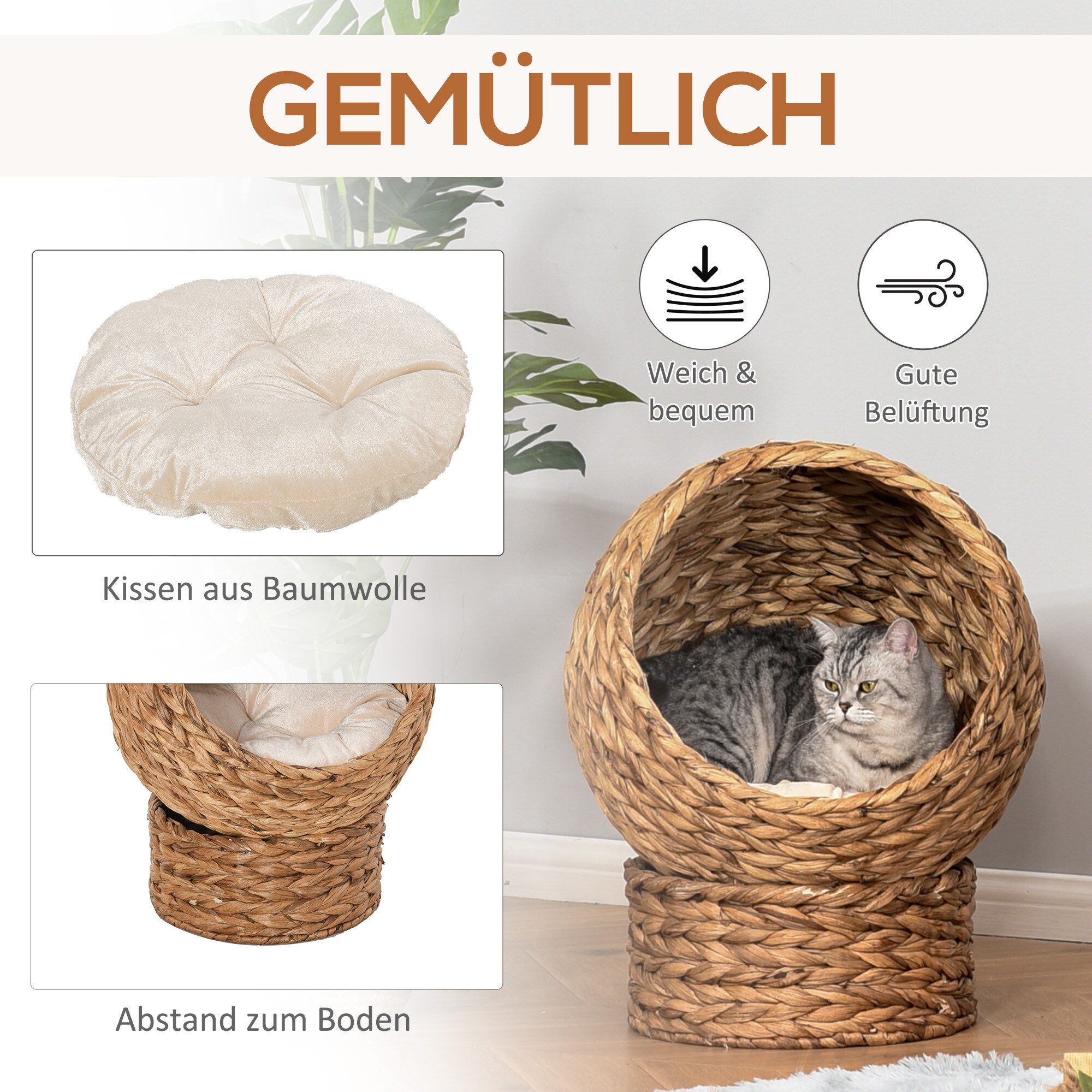 PawHut Katzenhaus aus Rattangeflecht 50 x 42 x 60 cm (BxTxH)
