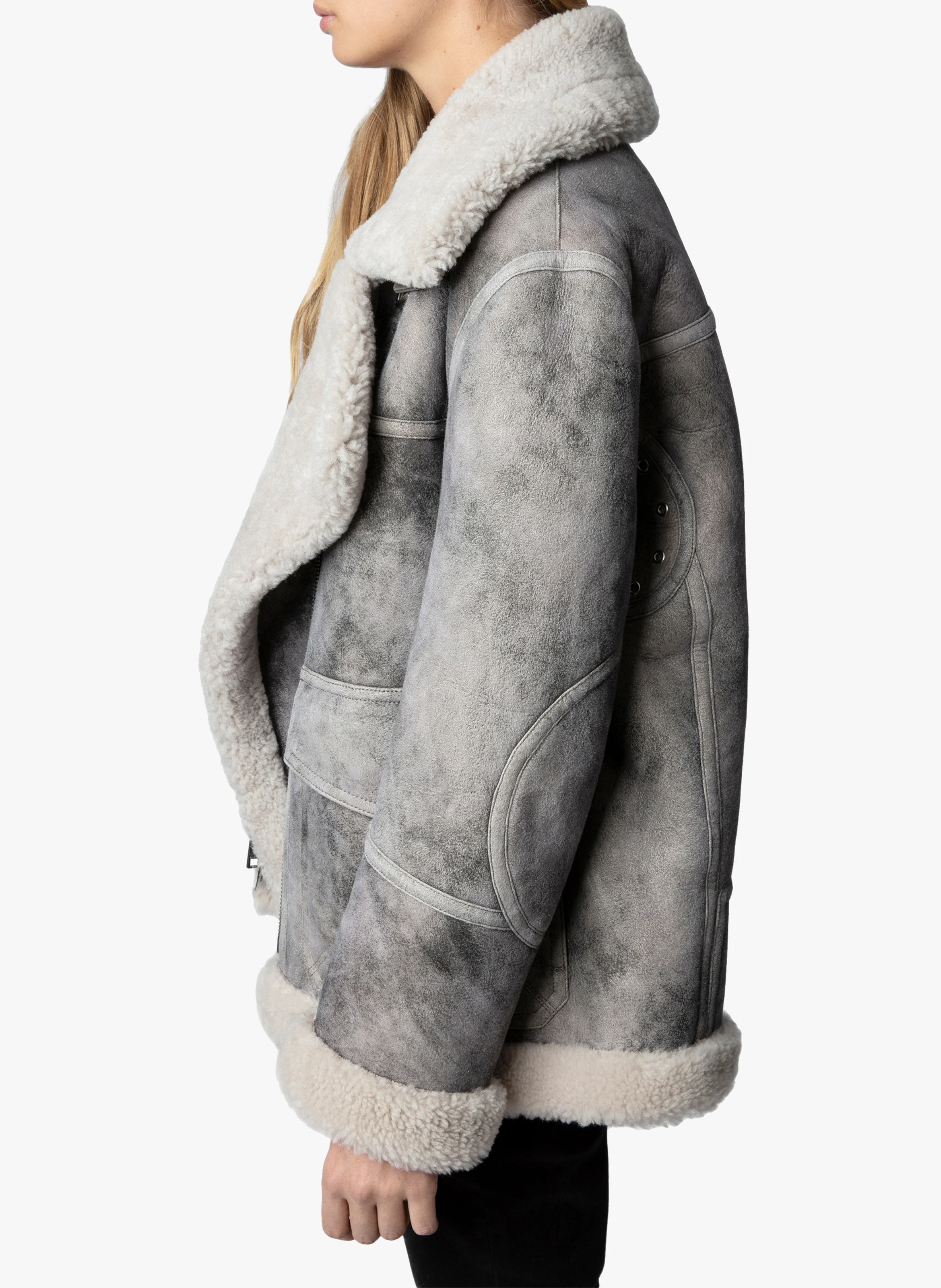 Veste en cuir fourrée | Gris