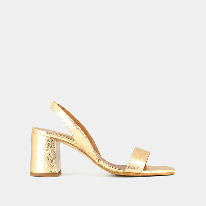 Sandales à talons et bouts carrés  en cuir craquelé or