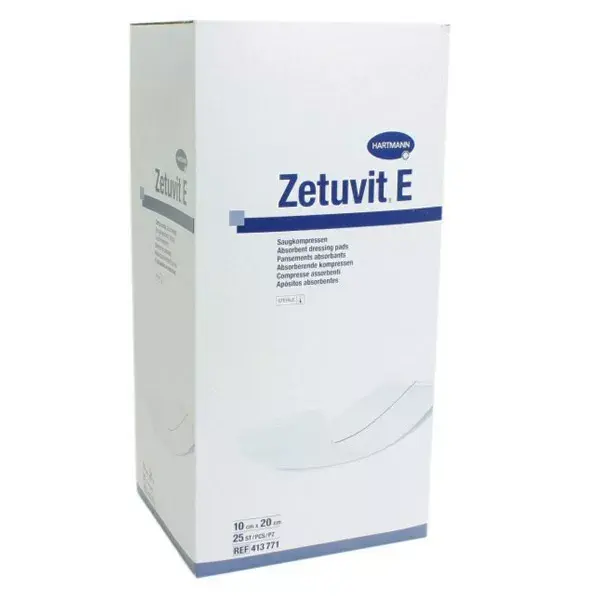 Curativo absorvente estéril americano Hartmann Zetuvit-E com revestimento hidrofóbico, 10 x 20 cm, 25 unidades.