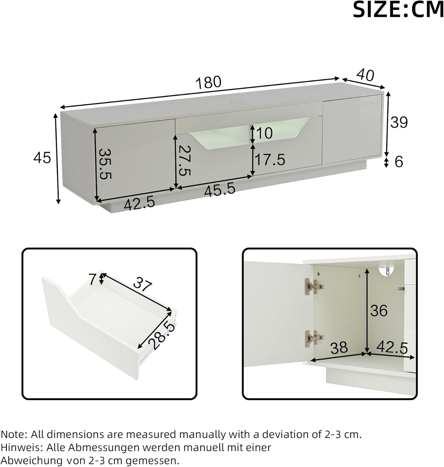 Merax TV-Schrank mit LED-Licht, Fernsehtisch Hochglanz, Modern TV Lowboard Board Schrank mit 2 Türen, 2 Schubladen, Offene Fächer, TV-ständer für Fernseher bis zu 75 Zoll, für Wohnzimmer, 180cm, Weiß