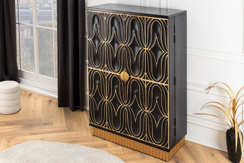 Handgefertigter Barschrank PIAZZA SAN MARCO 140cm grau gold Mangoholz massiv 3D-Design