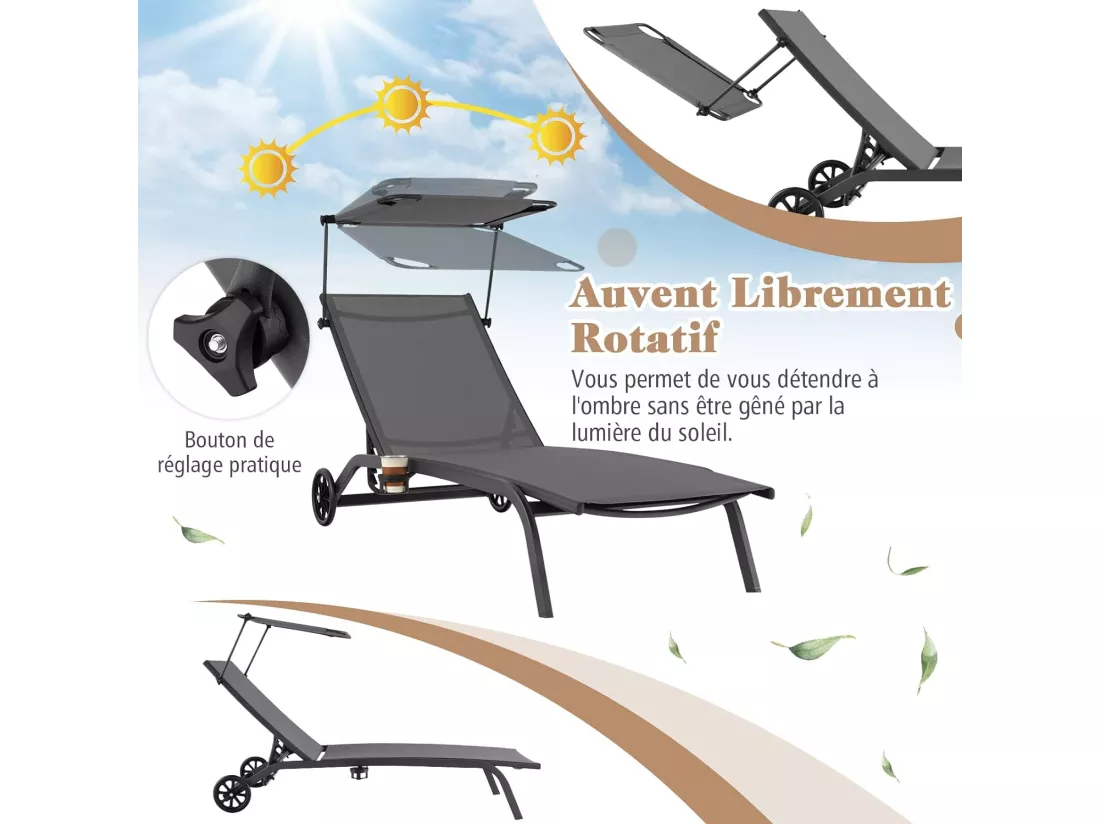 Bain de Soleil Inclinable à Dossier 6 Niveaux, Transat Jardin Exterieur avec Roues, Auvent Réglable, Porte-Gobelet, Charge 150 KG, pour Piscine Plage Balcon