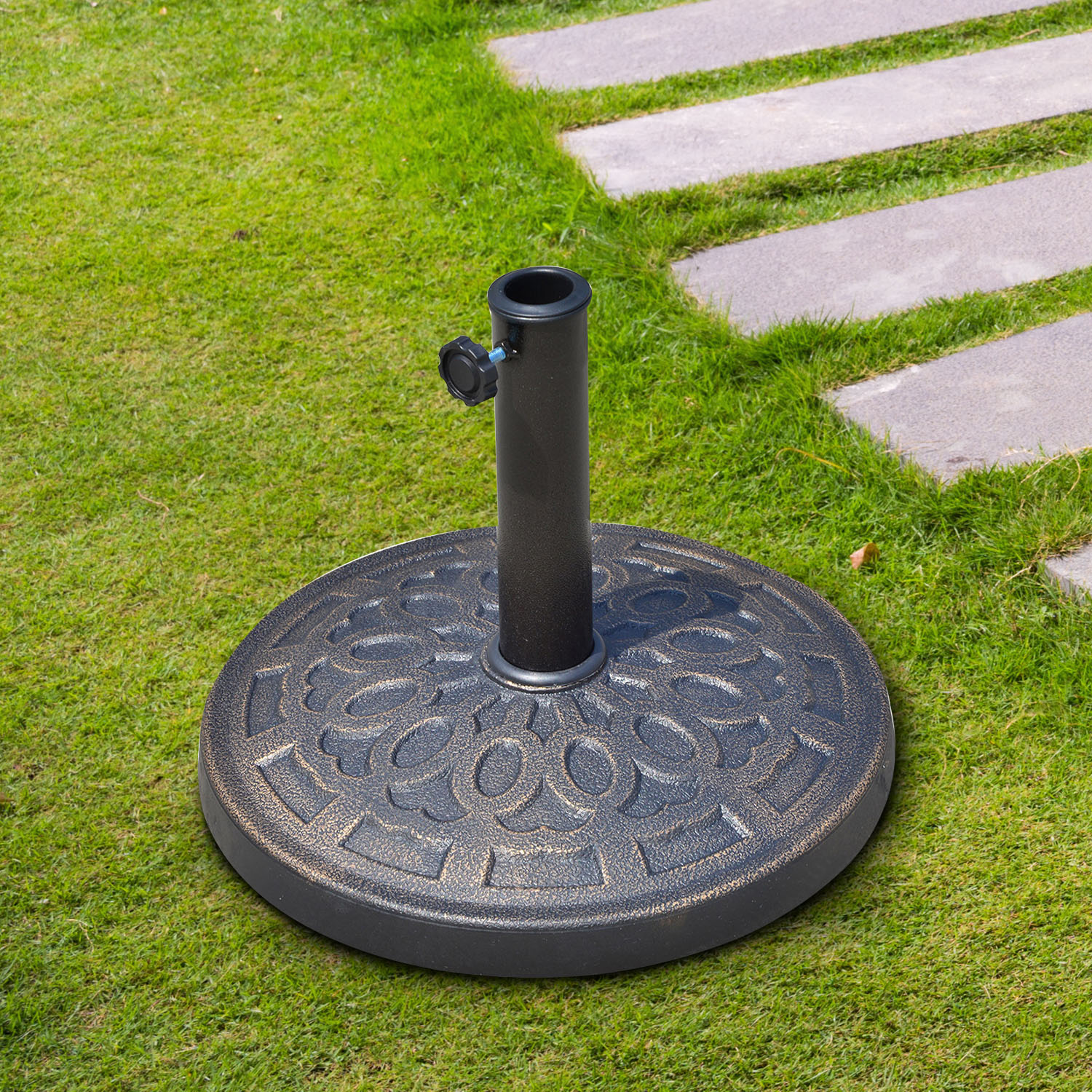 Base para guarda-sol de jardim Outsunny, peso líquido 12 kg, redonda, em resina, para mastros de 38 mm/48 mm, para pátio externo e terraço, Ø44x34 cm, bronze.