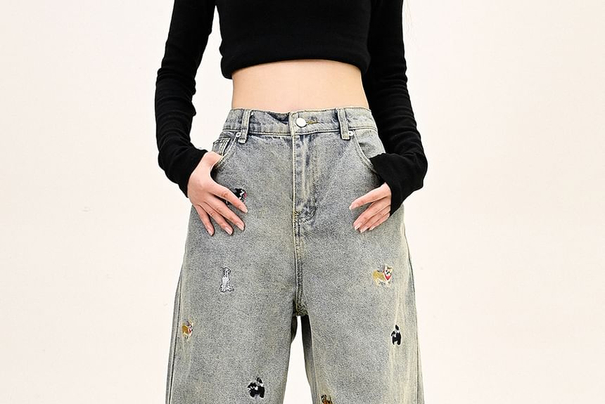 Moon City - High Rise Dog geborduurde gewassen wijde jeans