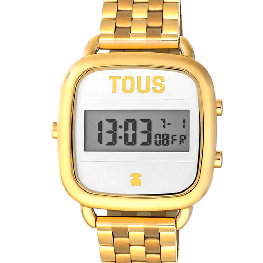 Relógio digital com pulseira em aço com revestimento IP dourado e logotipo D.