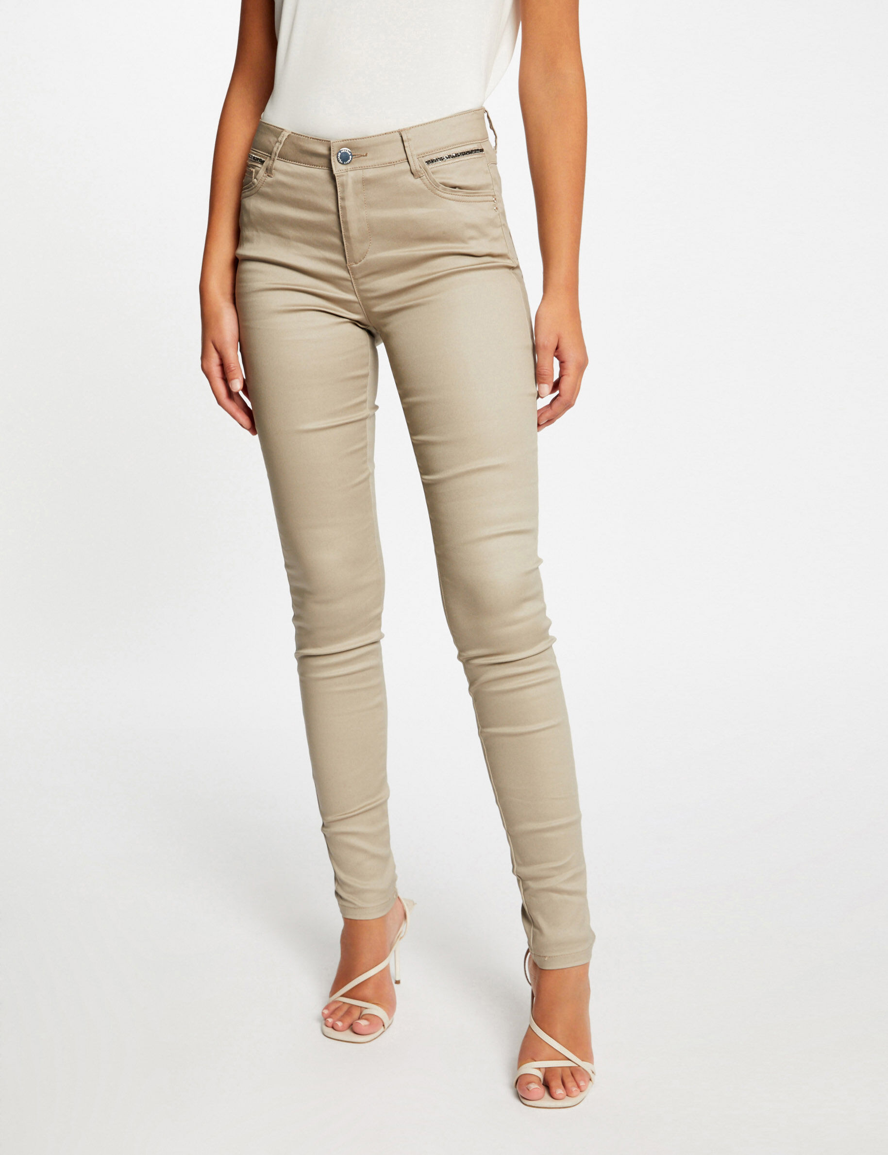 Pantalon skinny enduit à détails bijoux beige clair femme - beige_clair
