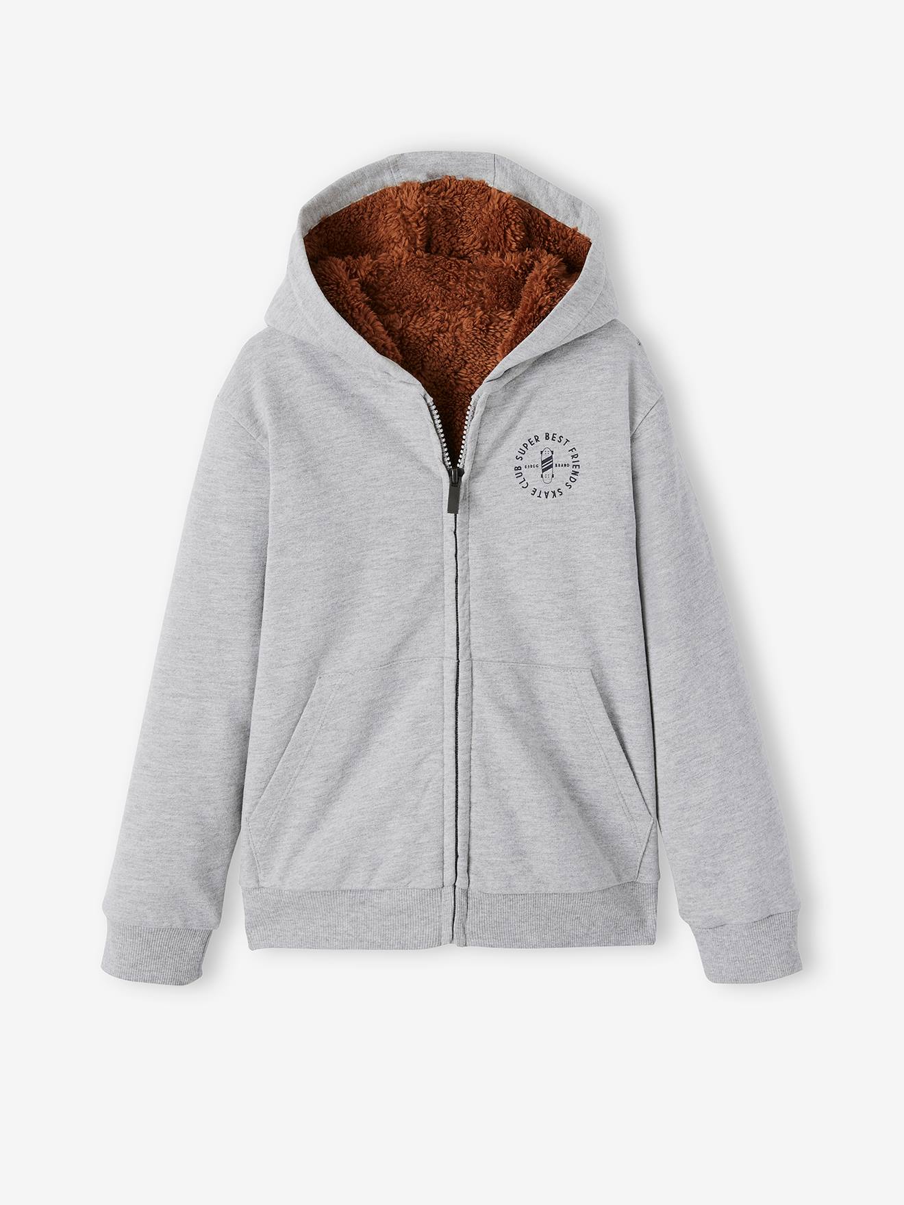 Moletom infantil azul-escuro liso com zíper, forro de sherpa e estampa.