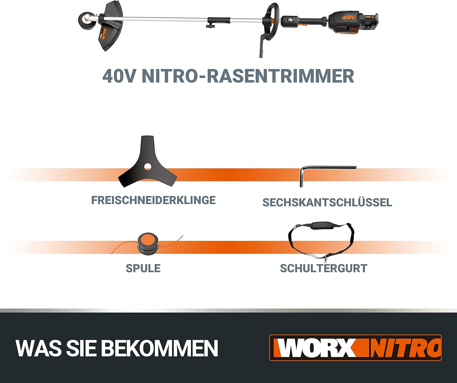 WORX Nitro WG186E.92 Akku Sense Rasentrimmer & Freischneider 40V (2x20V) - leistungsstarker bürstenloser Motor - Diverse Aufsätze - schneller Fadenwechsel - 38cm SchnittkreisØ - ohne Akku & Ladegerät