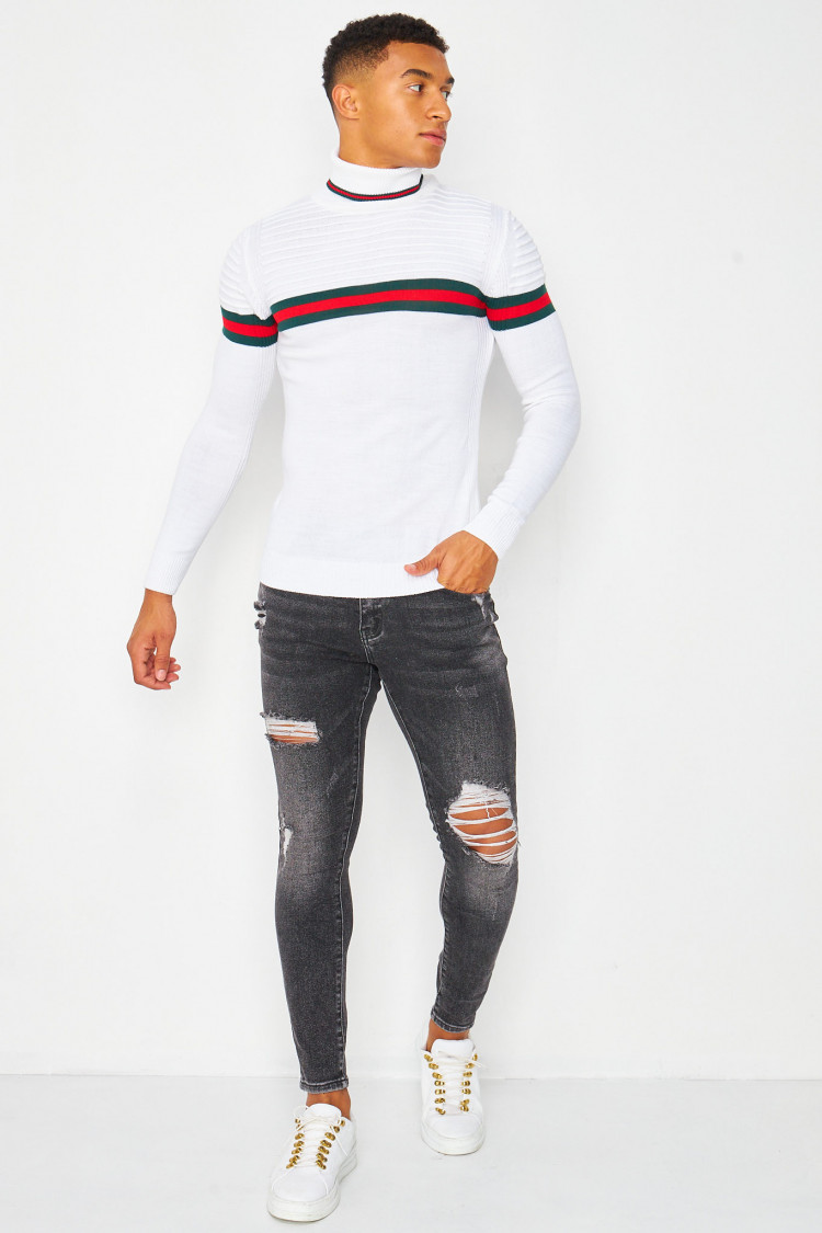 Pull blanc col roulé à bande tricolore
