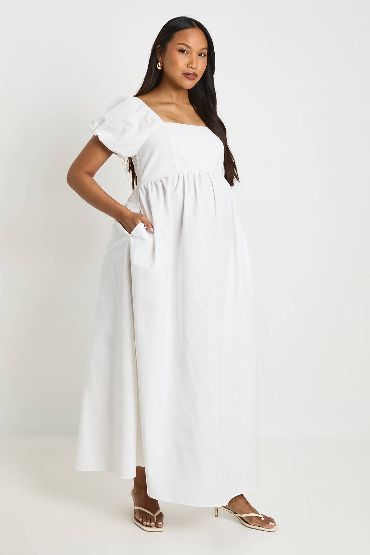 boohoo Robe Maxi De Maternité En Lin À Manches Bouffantes Et Corsage Froncé