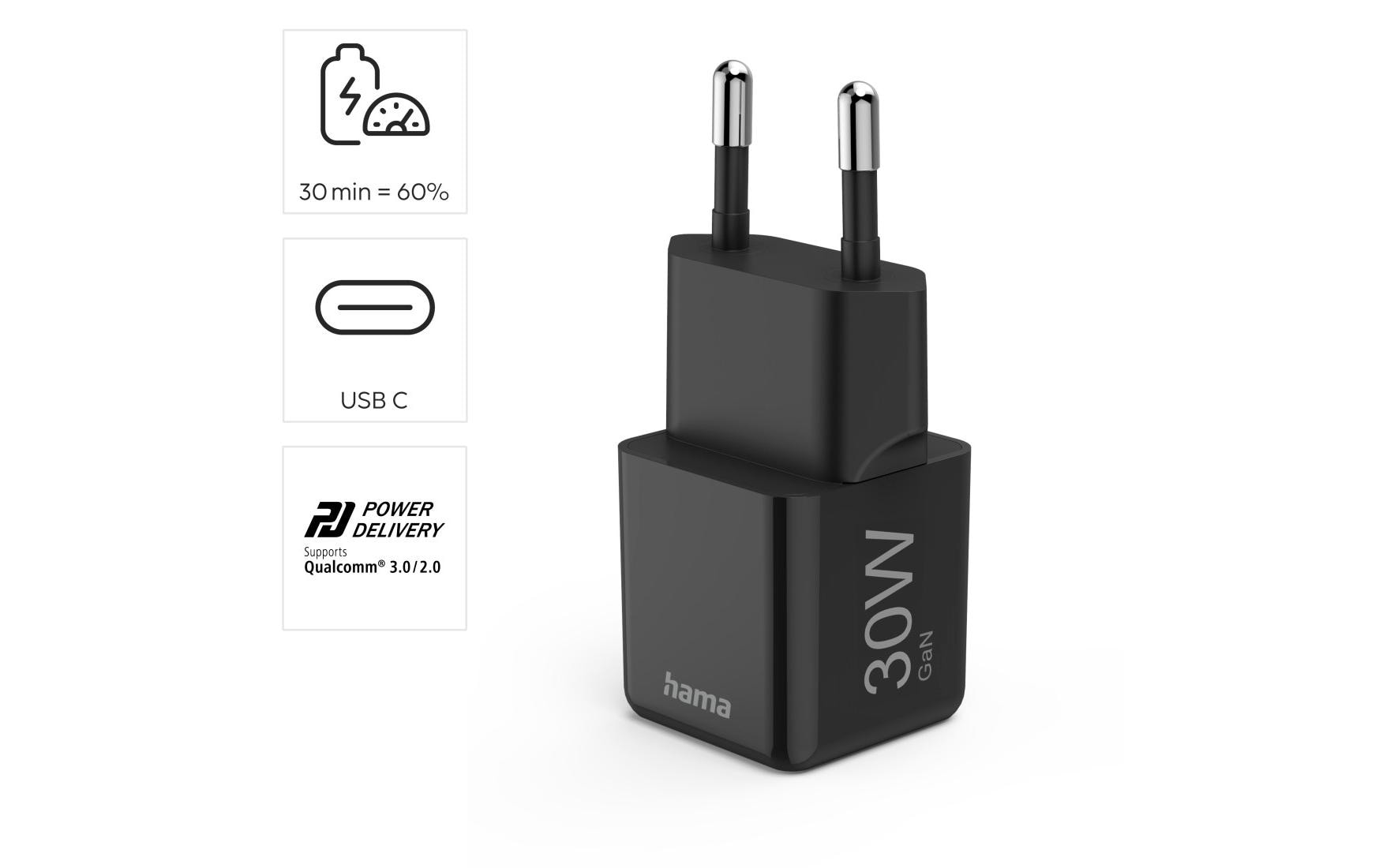 USB-Wandladegerät Mini-charger USB-C 30 W SchwarzSuper-Mini-GaN-Ladegerät USB-C