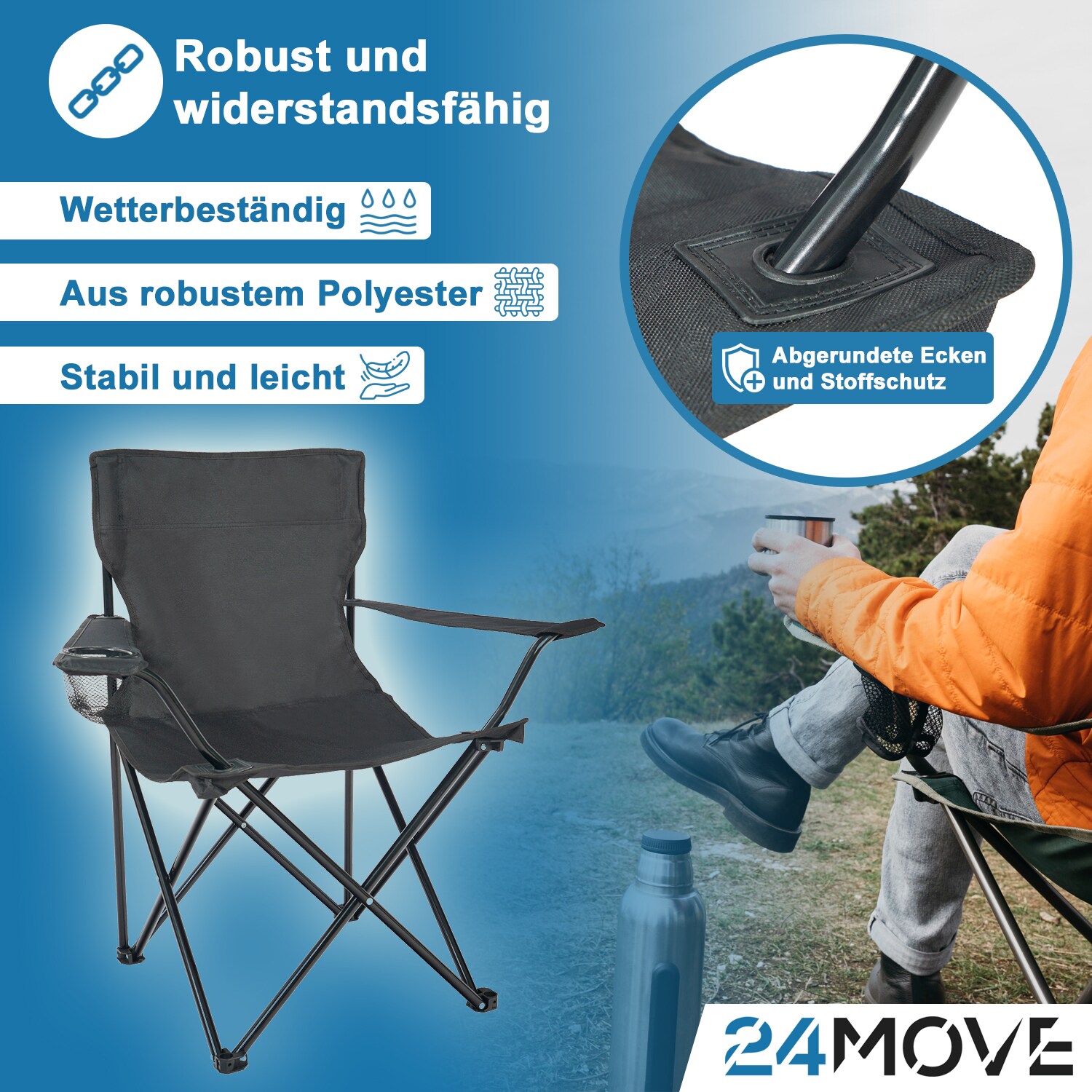 24MOVE® Campingstuhl Faltstuhl, grün, mit Getränkehalter und Tragetasche Outdoor, faltbar max. 100kg, Anglerstuhl, Polyester