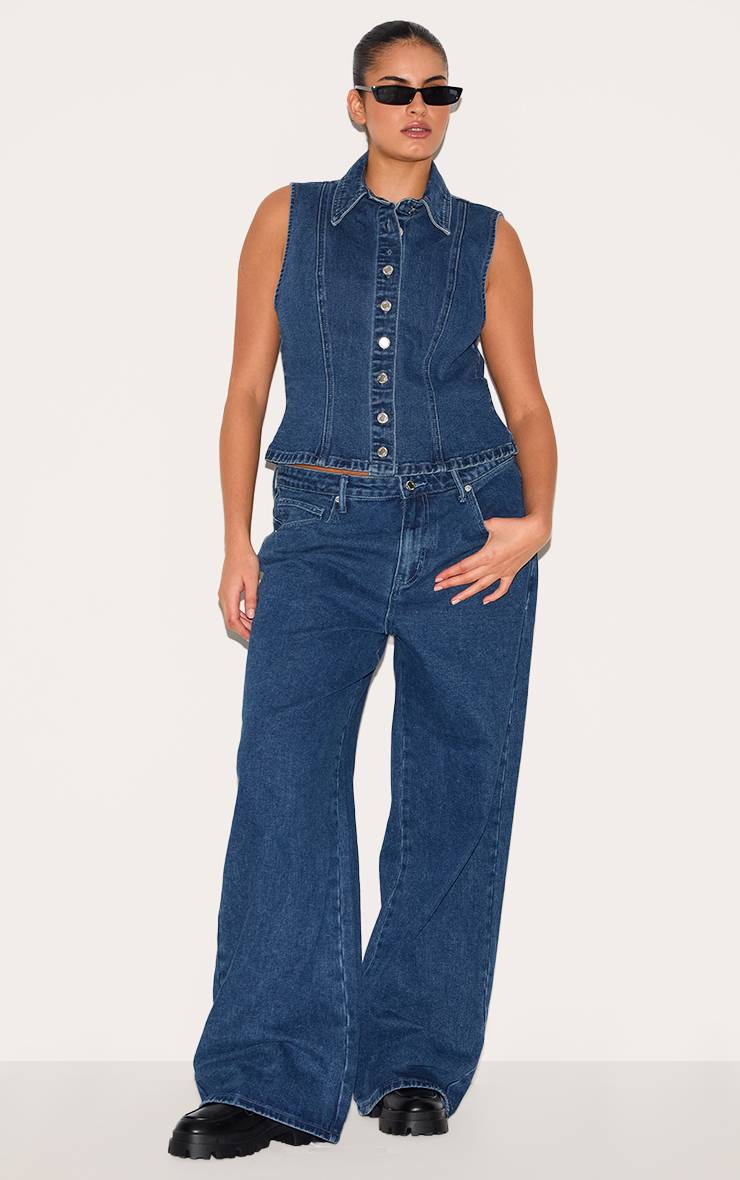 Bleu Foncé Gilet Col En Denim Grande Taille