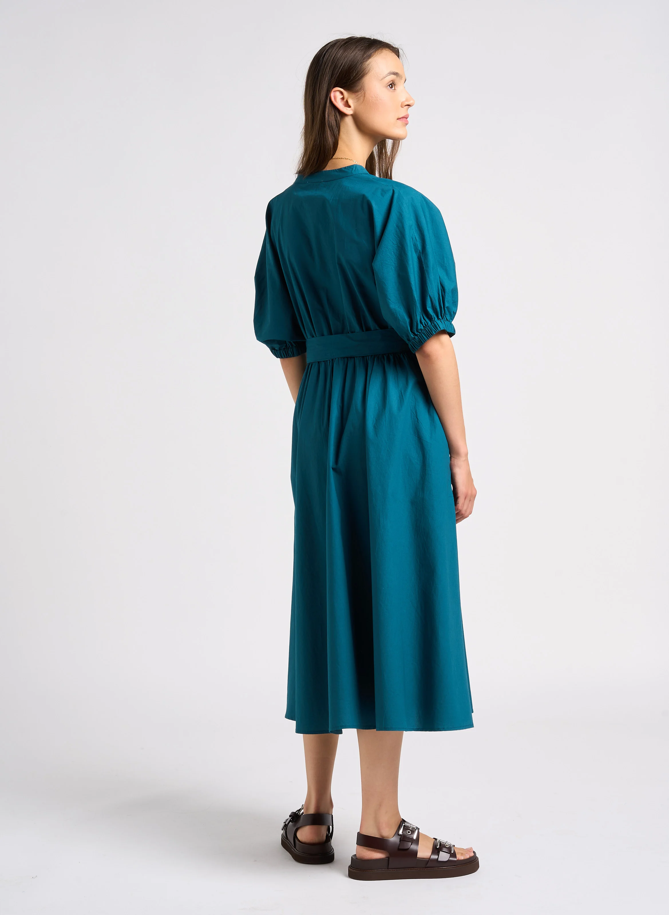 CORDELIA - Robe midi cintrée en coton| Bleu
