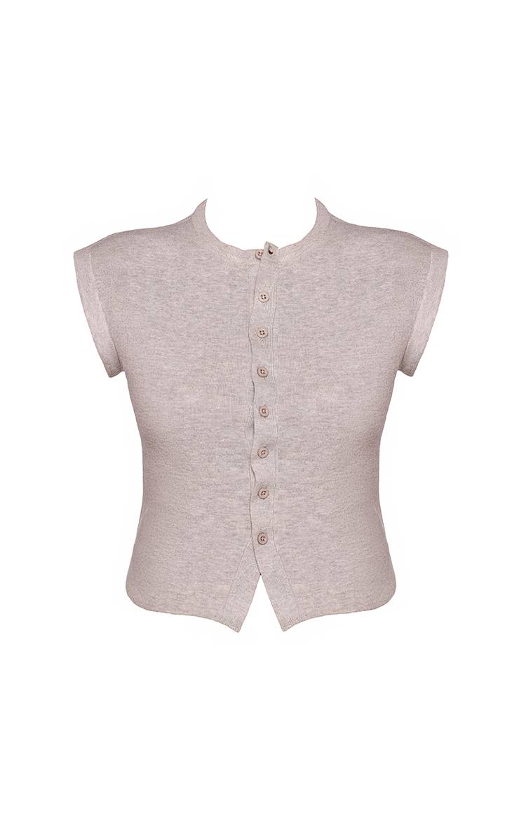 Gris Chiné Haut En Maille À Manches Courtes Avec Boutonnage