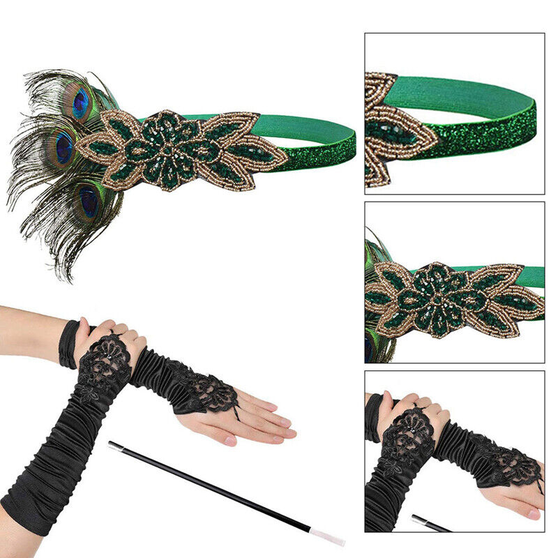 (5-tlg. Set) Fasnachts Kostüm 20er Jahre Verkleidung für Motto Partys / Halloween inkl. Handschuhe / Haarband / Zigarettenhalter