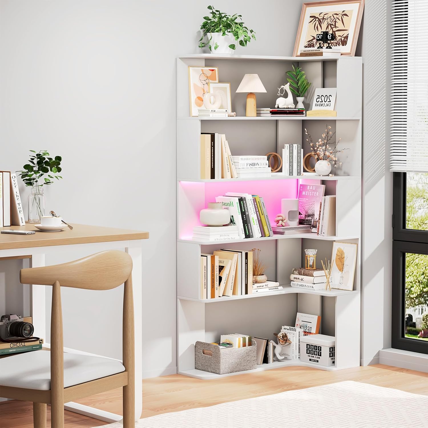 5-stöckiges Bücherregal mit LED-Beleuchtung, L-förmige Bücherregale und Vitrinen,Eckregale aus Holz, 90x48x170cm (Weiß)