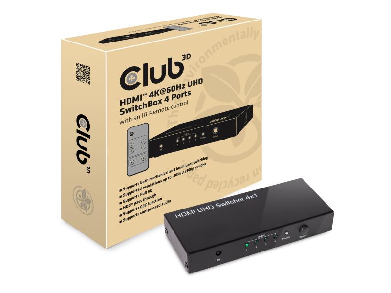 Club 3D Switchbox HDMI 2.0 UHD, 4 Port HDMI 4K 60Hz UHD SwitchBox mit 4 Ports