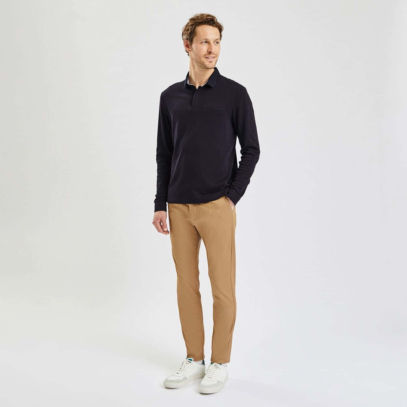 Polo manches longues interlock uni Bleu foncé