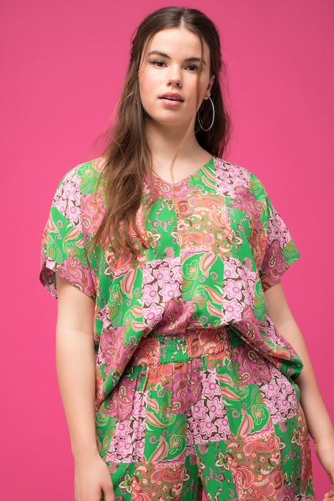 Blusenshirt, oversized, Patchprint, V-Ausschnitt