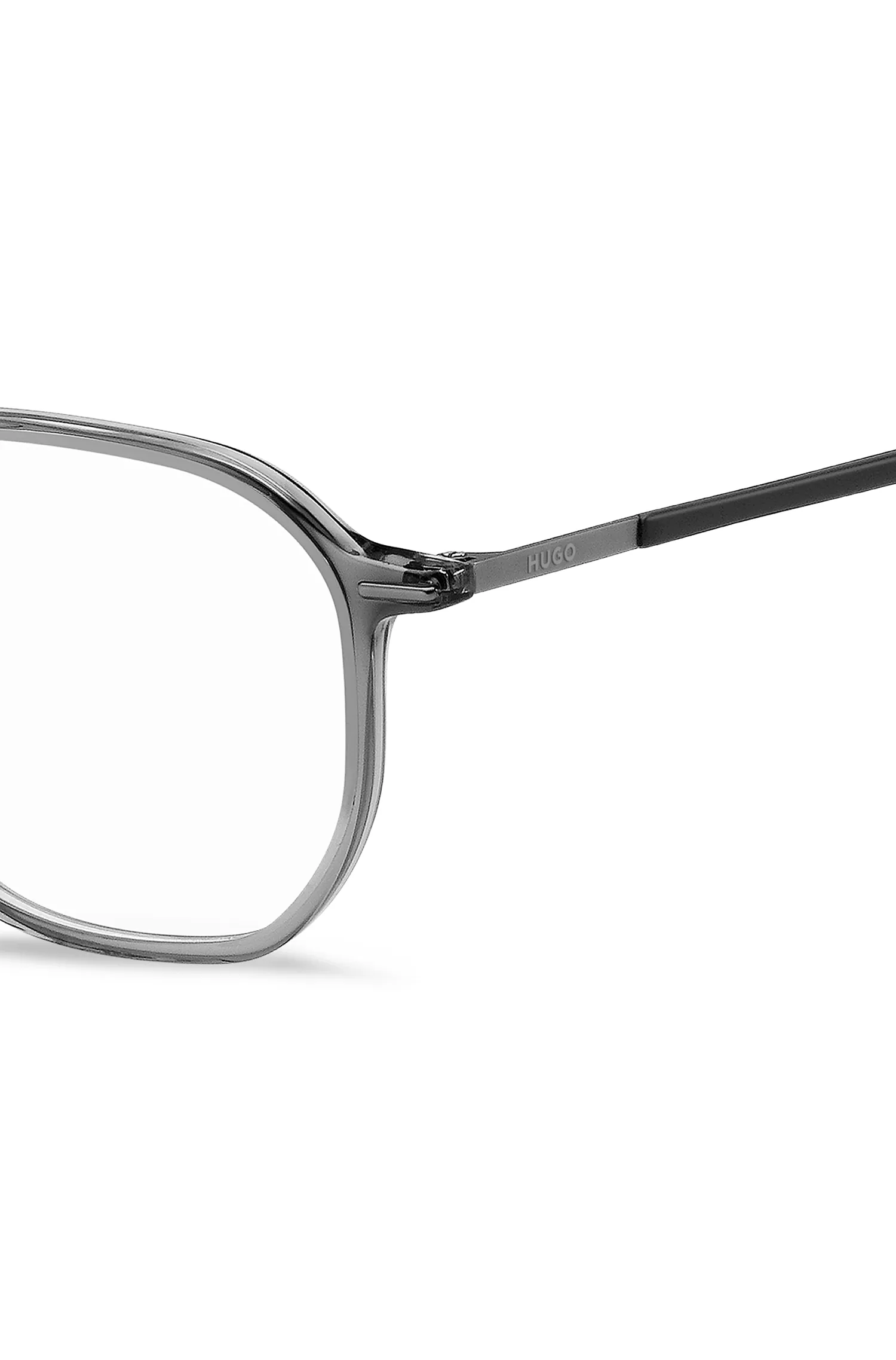Armação de óculos HUGO em acetato vermelho transparente com hastes personalizadas.
