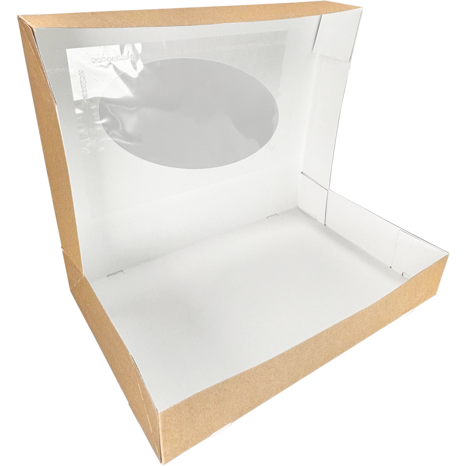 Cateringdoos, karton + PET, 460x310x80mm, met venster, bruin/wit