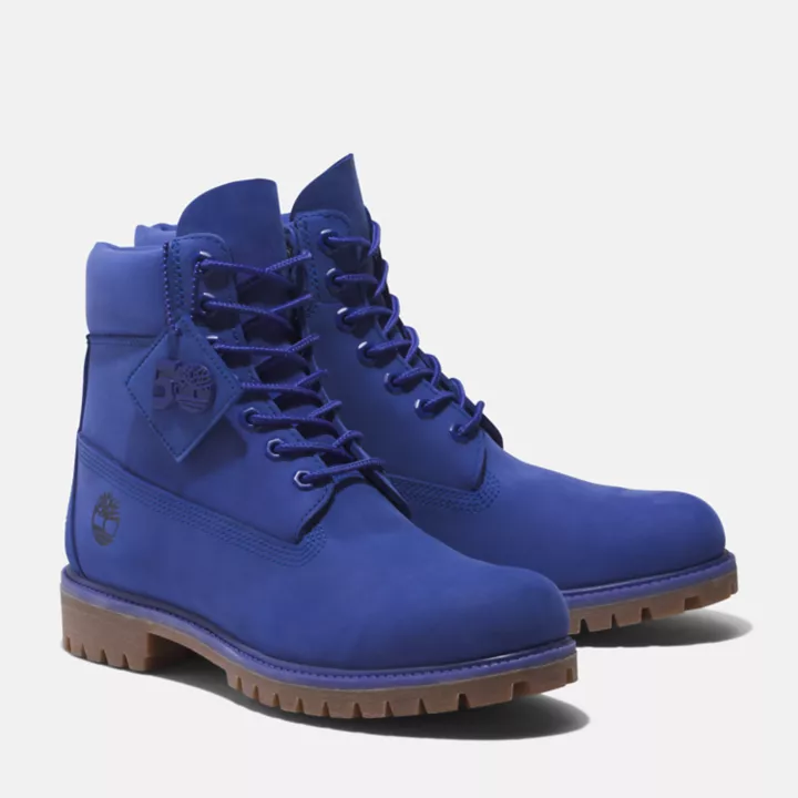 Bota Timberland Premium de 6 polegadas impermeável, edição 50, para homem, na cor azul.