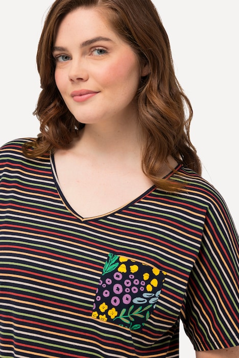 Schlafanzug-Shirt, Streifen, V-Ausschnitt, Halbarm