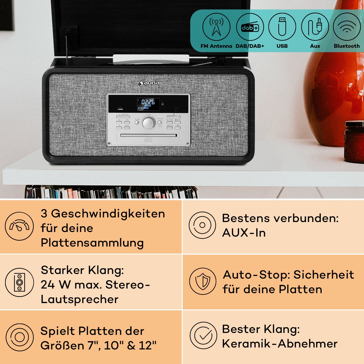 Mary Ann Plattenspieler 33 ? / 45 / 78 U/min CD DAB+ UKW BT USB Schwarz