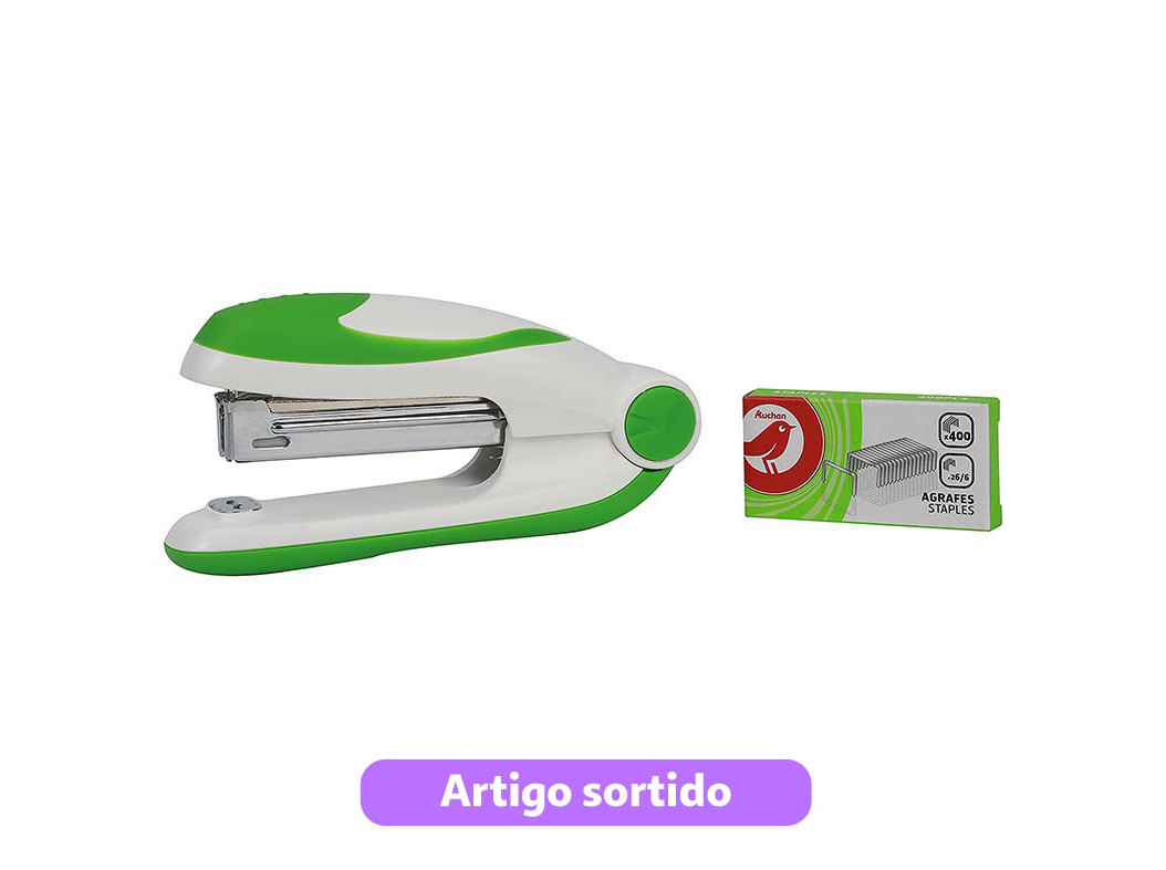 CONJUNTO DE MINI AGRAFADOR N.10 AUCHAN E CAIXA COM 400 AGRAFOS CORES SORTIDAS